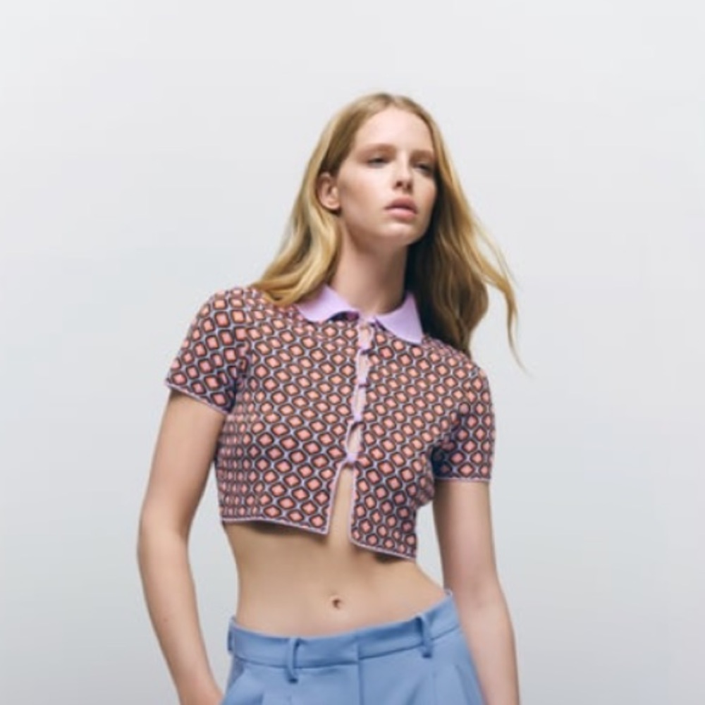 GEOMETRIC KNIT JACQUARD POLO SWEATER SIZE S